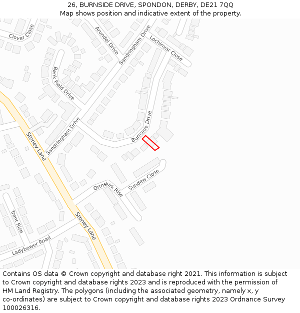 26, BURNSIDE DRIVE, SPONDON, DERBY, DE21 7QQ: Location map and indicative extent of plot