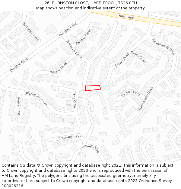 26, BURNSTON CLOSE, HARTLEPOOL, TS26 0EU: Location map and indicative extent of plot