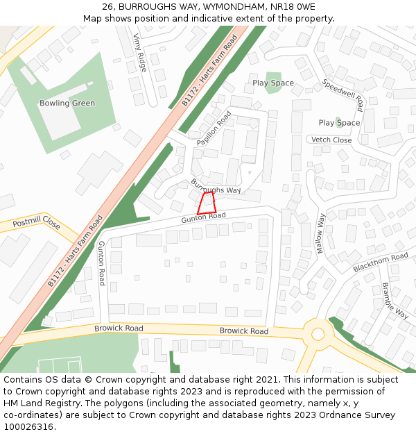 26, BURROUGHS WAY, WYMONDHAM, NR18 0WE: Location map and indicative extent of plot