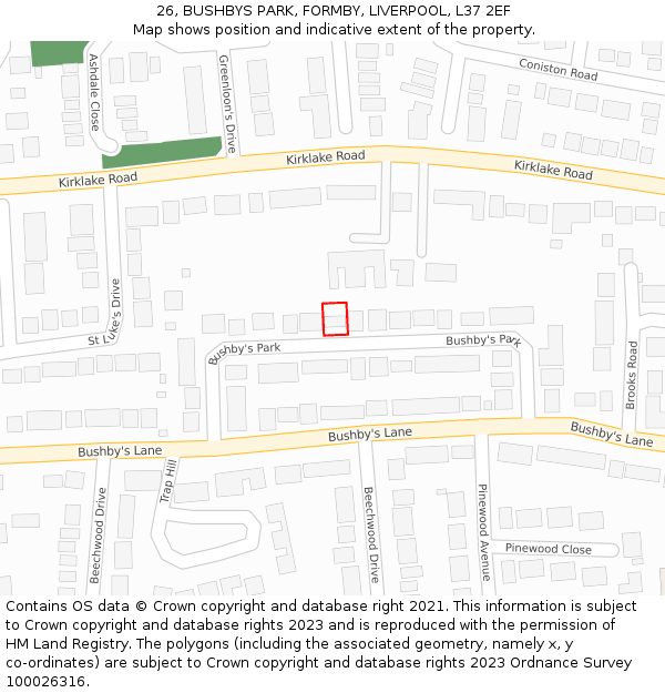 26, BUSHBYS PARK, FORMBY, LIVERPOOL, L37 2EF: Location map and indicative extent of plot