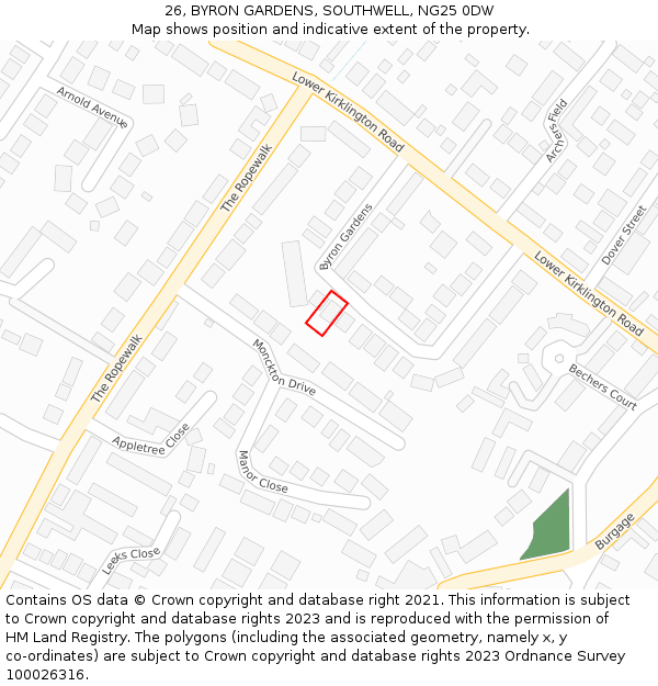 26, BYRON GARDENS, SOUTHWELL, NG25 0DW: Location map and indicative extent of plot