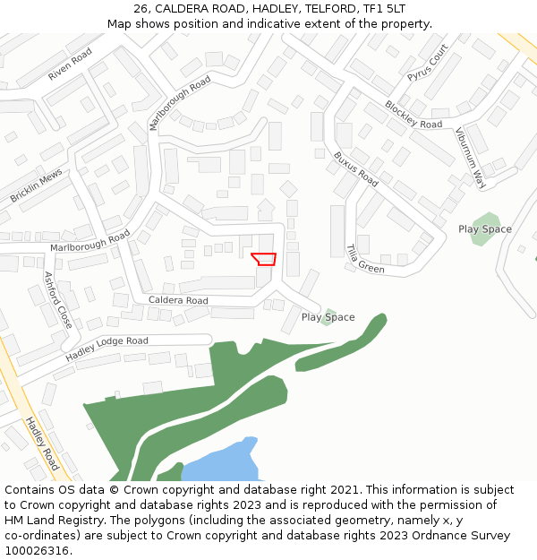 26, CALDERA ROAD, HADLEY, TELFORD, TF1 5LT: Location map and indicative extent of plot