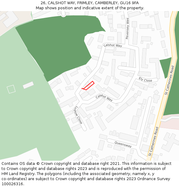 26, CALSHOT WAY, FRIMLEY, CAMBERLEY, GU16 9FA: Location map and indicative extent of plot