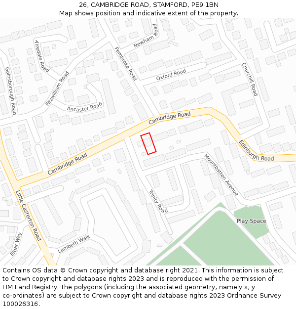 26, CAMBRIDGE ROAD, STAMFORD, PE9 1BN: Location map and indicative extent of plot