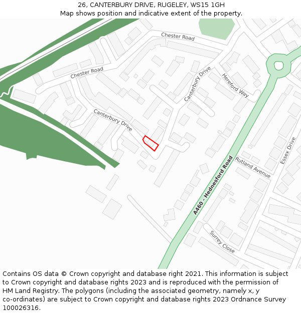 26, CANTERBURY DRIVE, RUGELEY, WS15 1GH: Location map and indicative extent of plot