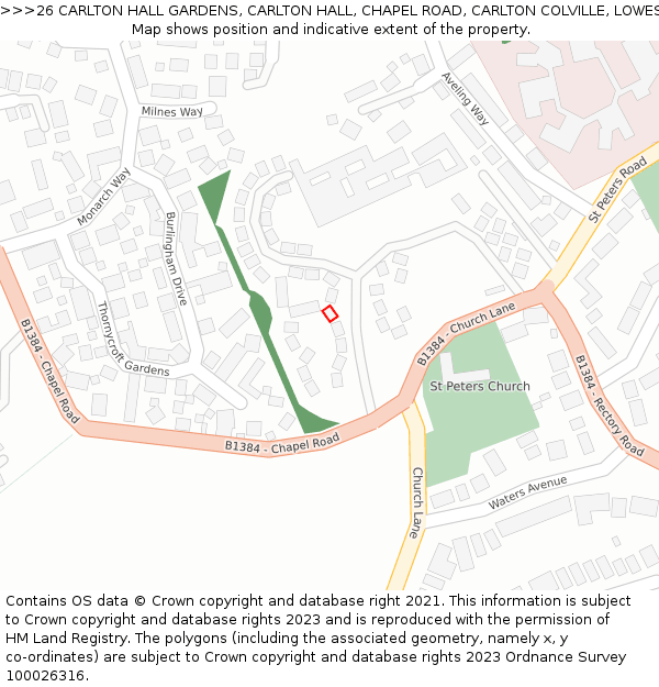 26 CARLTON HALL GARDENS, CARLTON HALL, CHAPEL ROAD, CARLTON COLVILLE, LOWESTOFT, NR33 8BL: Location map and indicative extent of plot