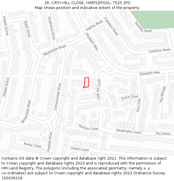 26, CATH HILL CLOSE, HARTLEPOOL, TS25 2FD: Location map and indicative extent of plot