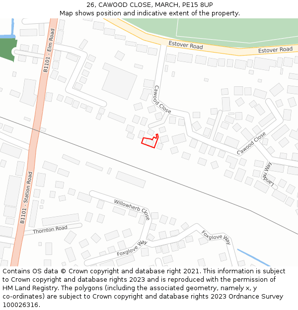 26, CAWOOD CLOSE, MARCH, PE15 8UP: Location map and indicative extent of plot