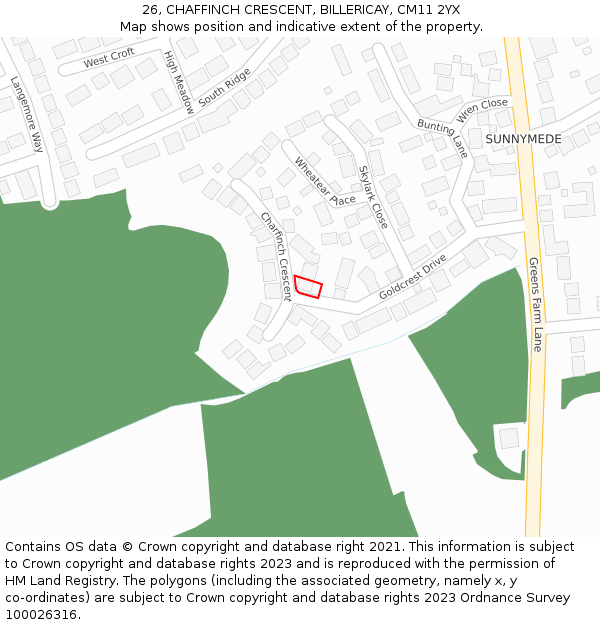 26, CHAFFINCH CRESCENT, BILLERICAY, CM11 2YX: Location map and indicative extent of plot