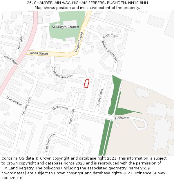 26, CHAMBERLAIN WAY, HIGHAM FERRERS, RUSHDEN, NN10 8HH: Location map and indicative extent of plot