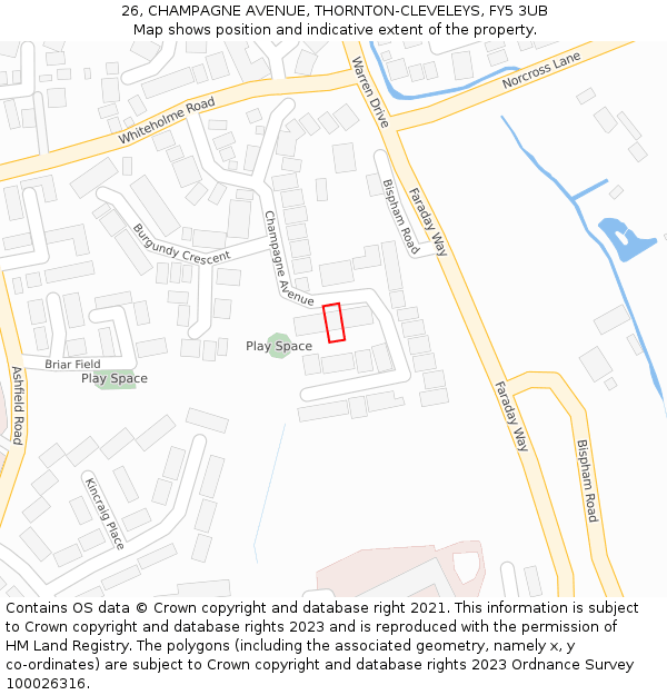 26, CHAMPAGNE AVENUE, THORNTON-CLEVELEYS, FY5 3UB: Location map and indicative extent of plot
