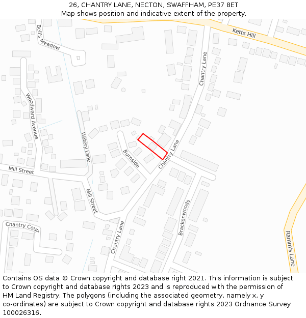 26, CHANTRY LANE, NECTON, SWAFFHAM, PE37 8ET: Location map and indicative extent of plot