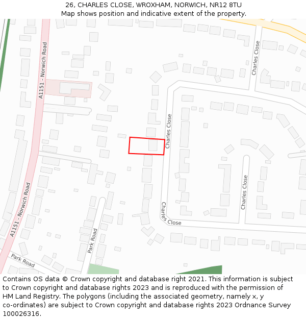 26, CHARLES CLOSE, WROXHAM, NORWICH, NR12 8TU: Location map and indicative extent of plot