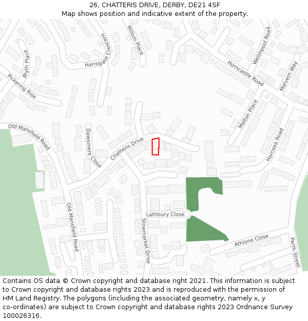 26, CHATTERIS DRIVE, DERBY, DE21 4SF: Location map and indicative extent of plot