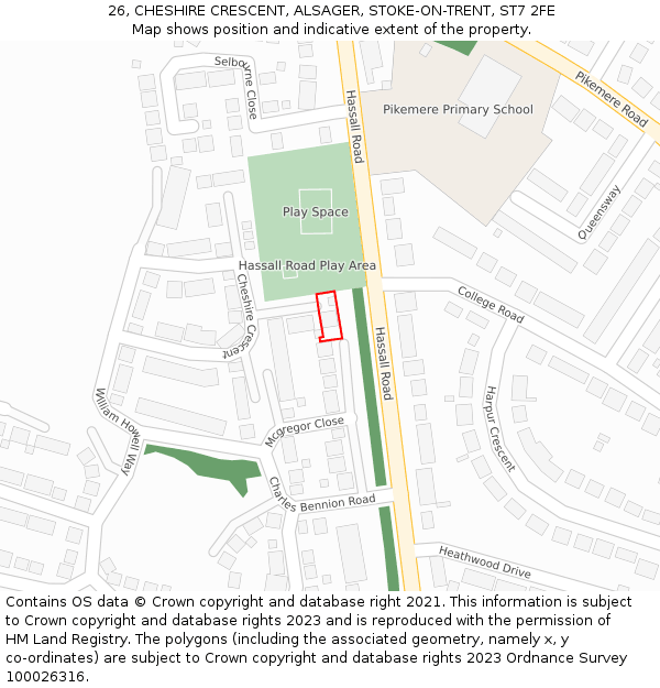 26, CHESHIRE CRESCENT, ALSAGER, STOKE-ON-TRENT, ST7 2FE: Location map and indicative extent of plot