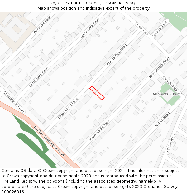 26, CHESTERFIELD ROAD, EPSOM, KT19 9QP: Location map and indicative extent of plot