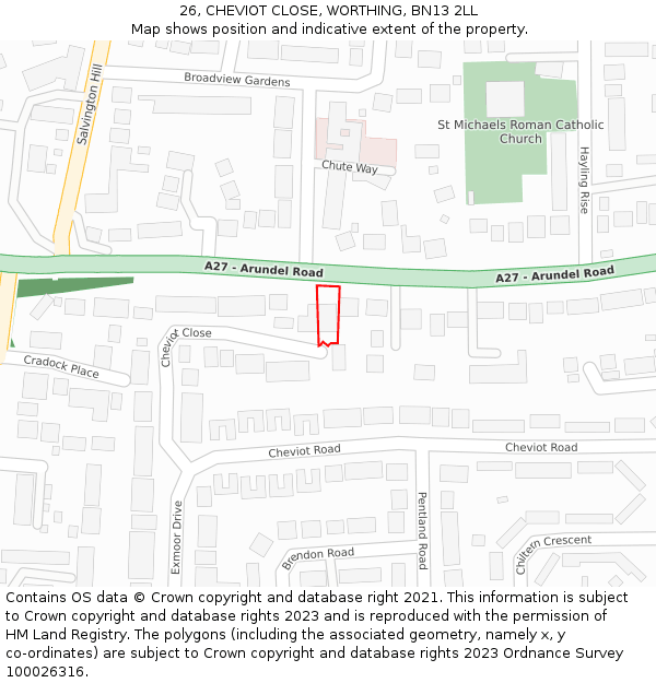 26, CHEVIOT CLOSE, WORTHING, BN13 2LL: Location map and indicative extent of plot