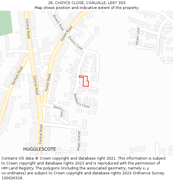 26, CHOYCE CLOSE, COALVILLE, LE67 3SS: Location map and indicative extent of plot