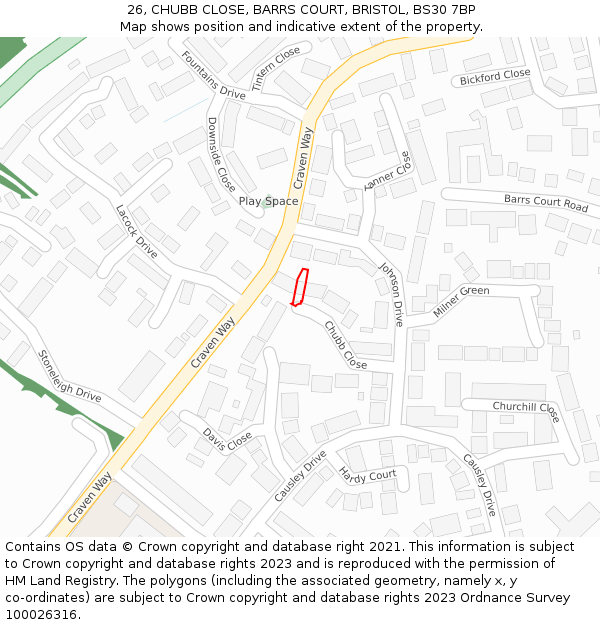 26, CHUBB CLOSE, BARRS COURT, BRISTOL, BS30 7BP: Location map and indicative extent of plot