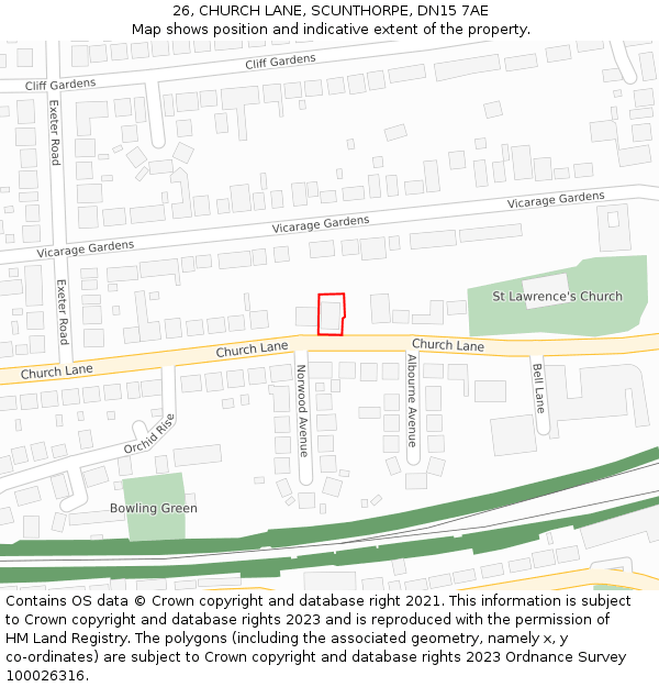 26, CHURCH LANE, SCUNTHORPE, DN15 7AE: Location map and indicative extent of plot