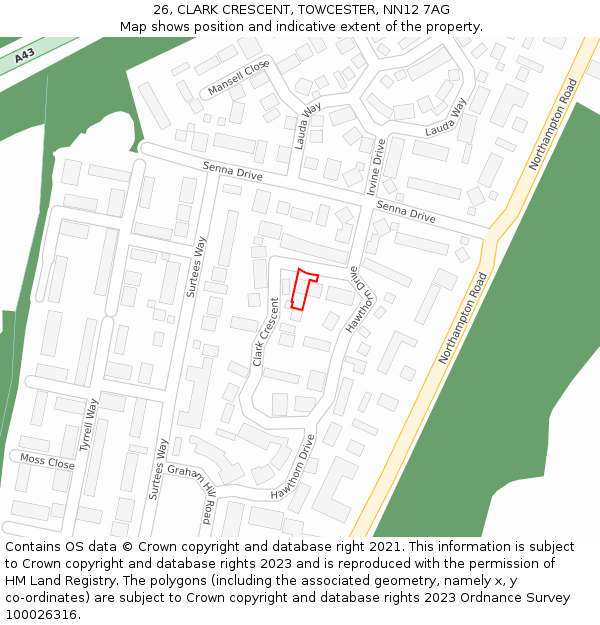 26, CLARK CRESCENT, TOWCESTER, NN12 7AG: Location map and indicative extent of plot