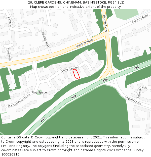 26, CLERE GARDENS, CHINEHAM, BASINGSTOKE, RG24 8LZ: Location map and indicative extent of plot