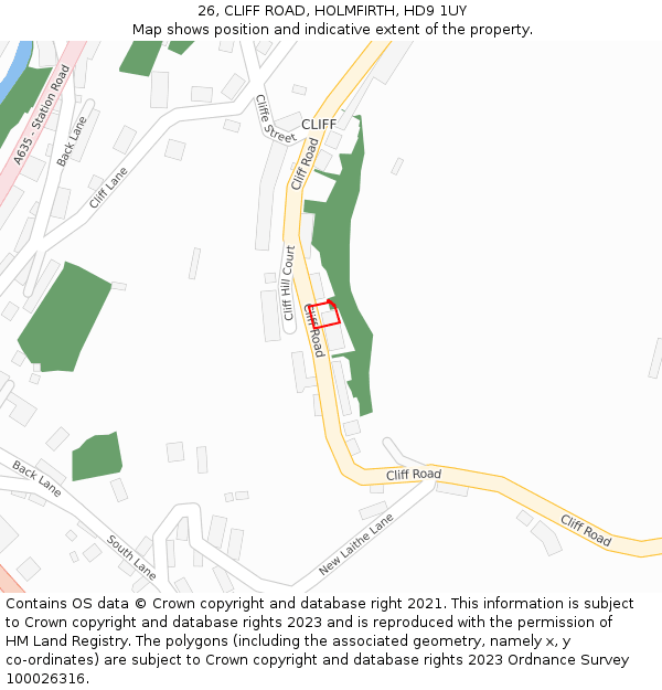 26, CLIFF ROAD, HOLMFIRTH, HD9 1UY: Location map and indicative extent of plot
