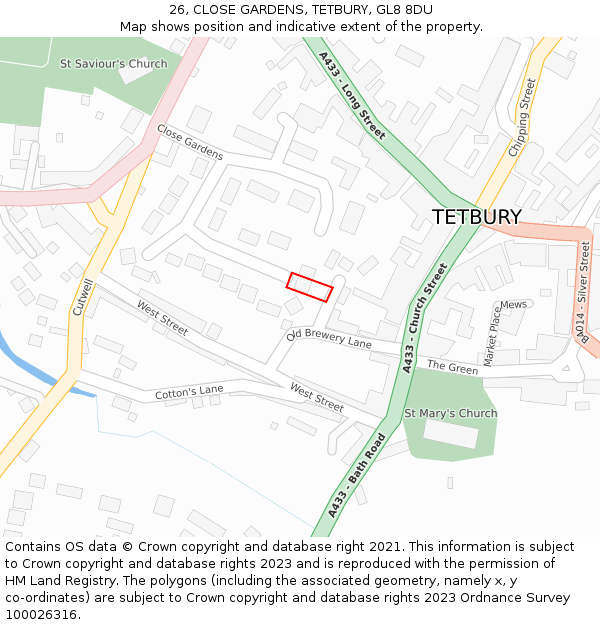 26, CLOSE GARDENS, TETBURY, GL8 8DU: Location map and indicative extent of plot