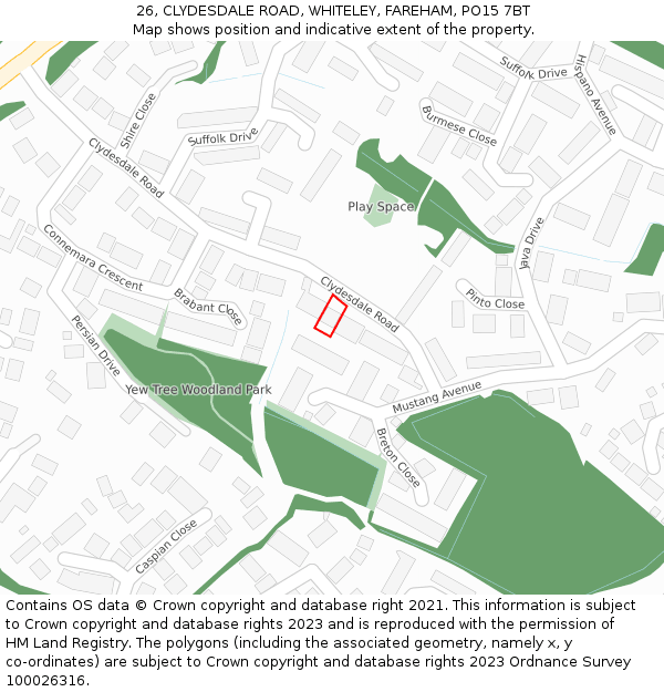 26, CLYDESDALE ROAD, WHITELEY, FAREHAM, PO15 7BT: Location map and indicative extent of plot