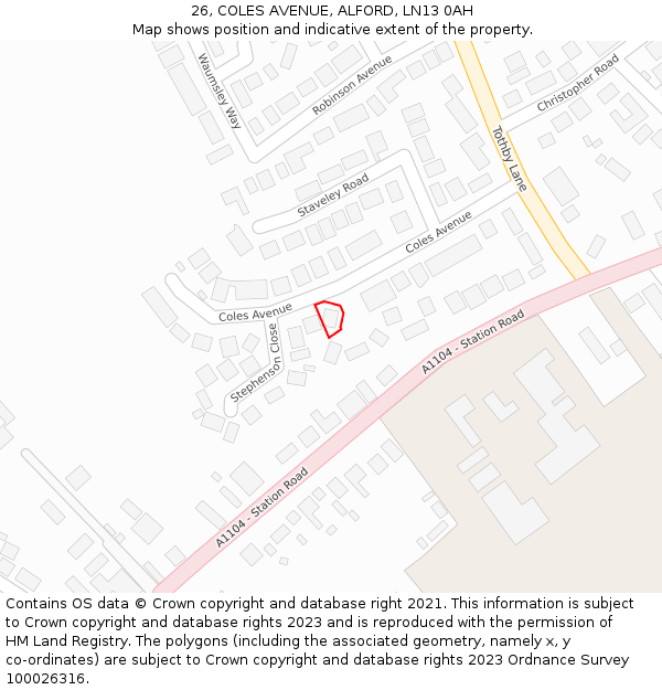 26, COLES AVENUE, ALFORD, LN13 0AH: Location map and indicative extent of plot