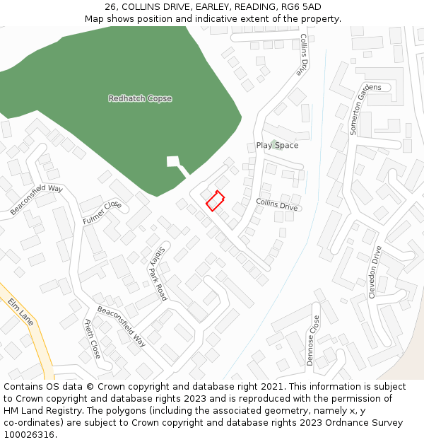 26, COLLINS DRIVE, EARLEY, READING, RG6 5AD: Location map and indicative extent of plot