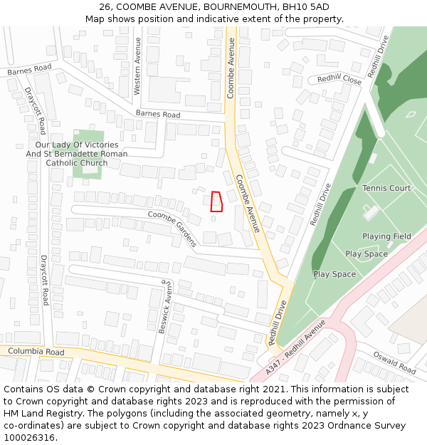 26, COOMBE AVENUE, BOURNEMOUTH, BH10 5AD: Location map and indicative extent of plot