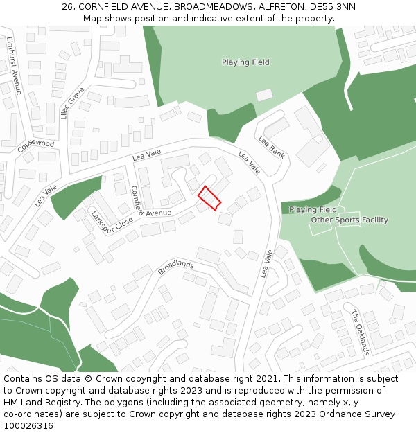 26, CORNFIELD AVENUE, BROADMEADOWS, ALFRETON, DE55 3NN: Location map and indicative extent of plot
