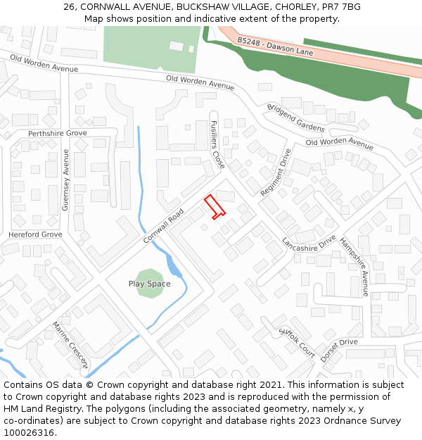 26, CORNWALL AVENUE, BUCKSHAW VILLAGE, CHORLEY, PR7 7BG: Location map and indicative extent of plot