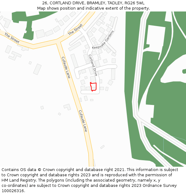 26, CORTLAND DRIVE, BRAMLEY, TADLEY, RG26 5WL: Location map and indicative extent of plot