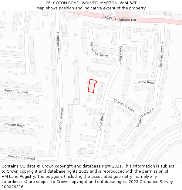 26, COTON ROAD, WOLVERHAMPTON, WV4 5AT: Location map and indicative extent of plot