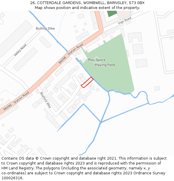 26, COTTERDALE GARDENS, WOMBWELL, BARNSLEY, S73 0BX: Location map and indicative extent of plot