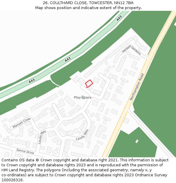 26, COULTHARD CLOSE, TOWCESTER, NN12 7BA: Location map and indicative extent of plot