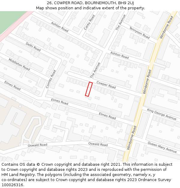 26, COWPER ROAD, BOURNEMOUTH, BH9 2UJ: Location map and indicative extent of plot