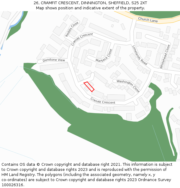 26, CRAMFIT CRESCENT, DINNINGTON, SHEFFIELD, S25 2XT: Location map and indicative extent of plot