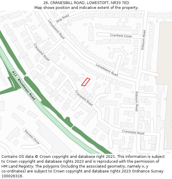 26, CRANESBILL ROAD, LOWESTOFT, NR33 7ED: Location map and indicative extent of plot