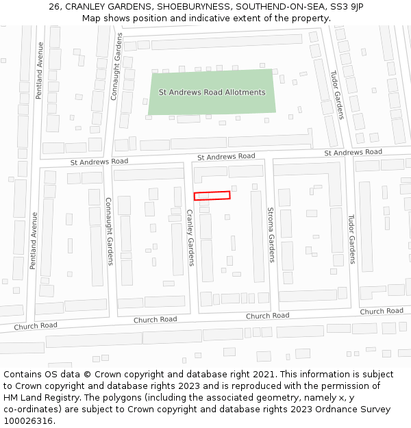 26, CRANLEY GARDENS, SHOEBURYNESS, SOUTHEND-ON-SEA, SS3 9JP: Location map and indicative extent of plot