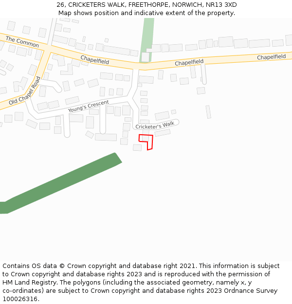 26, CRICKETERS WALK, FREETHORPE, NORWICH, NR13 3XD: Location map and indicative extent of plot