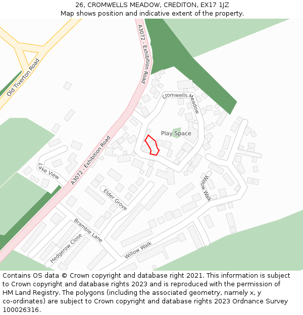 26, CROMWELLS MEADOW, CREDITON, EX17 1JZ: Location map and indicative extent of plot