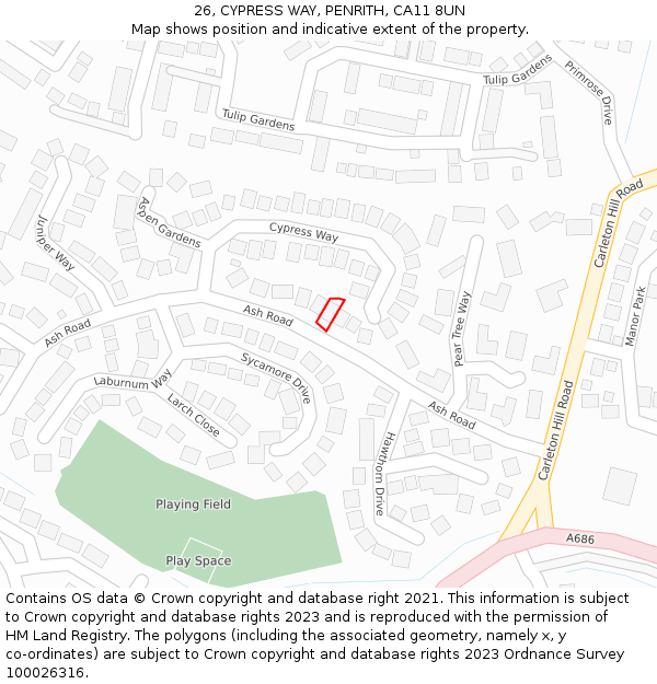 26, CYPRESS WAY, PENRITH, CA11 8UN: Location map and indicative extent of plot