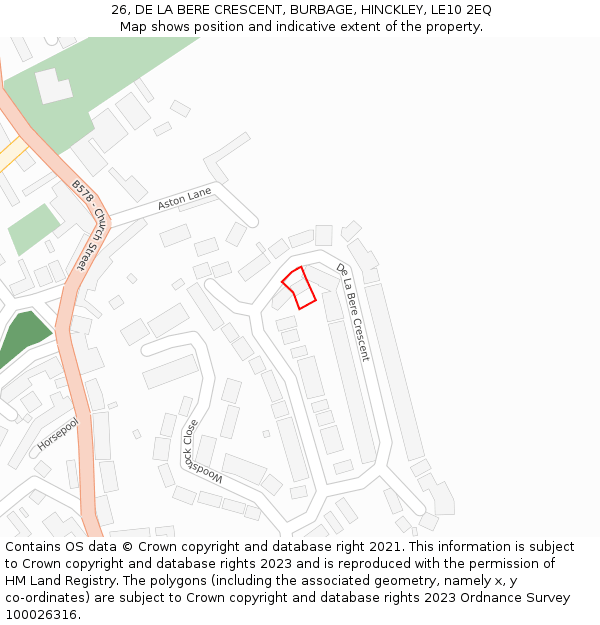 26, DE LA BERE CRESCENT, BURBAGE, HINCKLEY, LE10 2EQ: Location map and indicative extent of plot