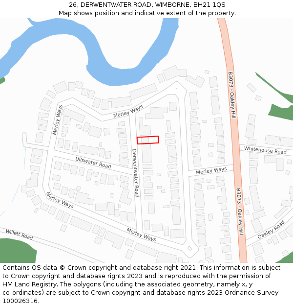 26, DERWENTWATER ROAD, WIMBORNE, BH21 1QS: Location map and indicative extent of plot