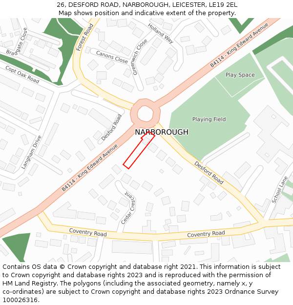 26, DESFORD ROAD, NARBOROUGH, LEICESTER, LE19 2EL: Location map and indicative extent of plot