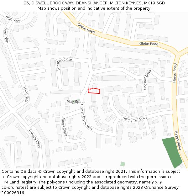 26, DISWELL BROOK WAY, DEANSHANGER, MILTON KEYNES, MK19 6GB: Location map and indicative extent of plot