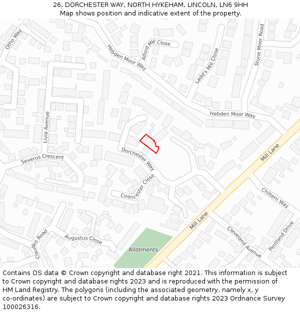 26, DORCHESTER WAY, NORTH HYKEHAM, LINCOLN, LN6 9HH: Location map and indicative extent of plot